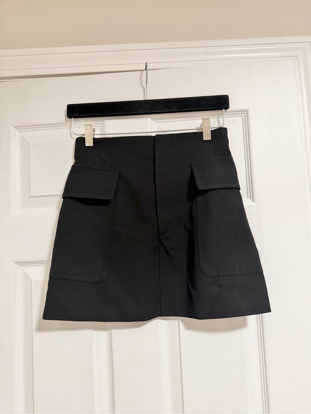 Zara Black Mini Skirt- Exaggerated Front Flap Pockets- Size XS